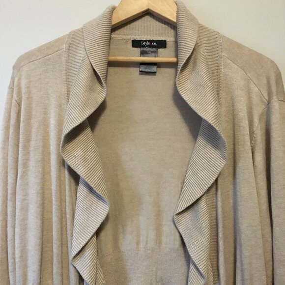 Style & Co. Frilly Ruffle Hem Tan Open Cardigan - Picture 5 of 10